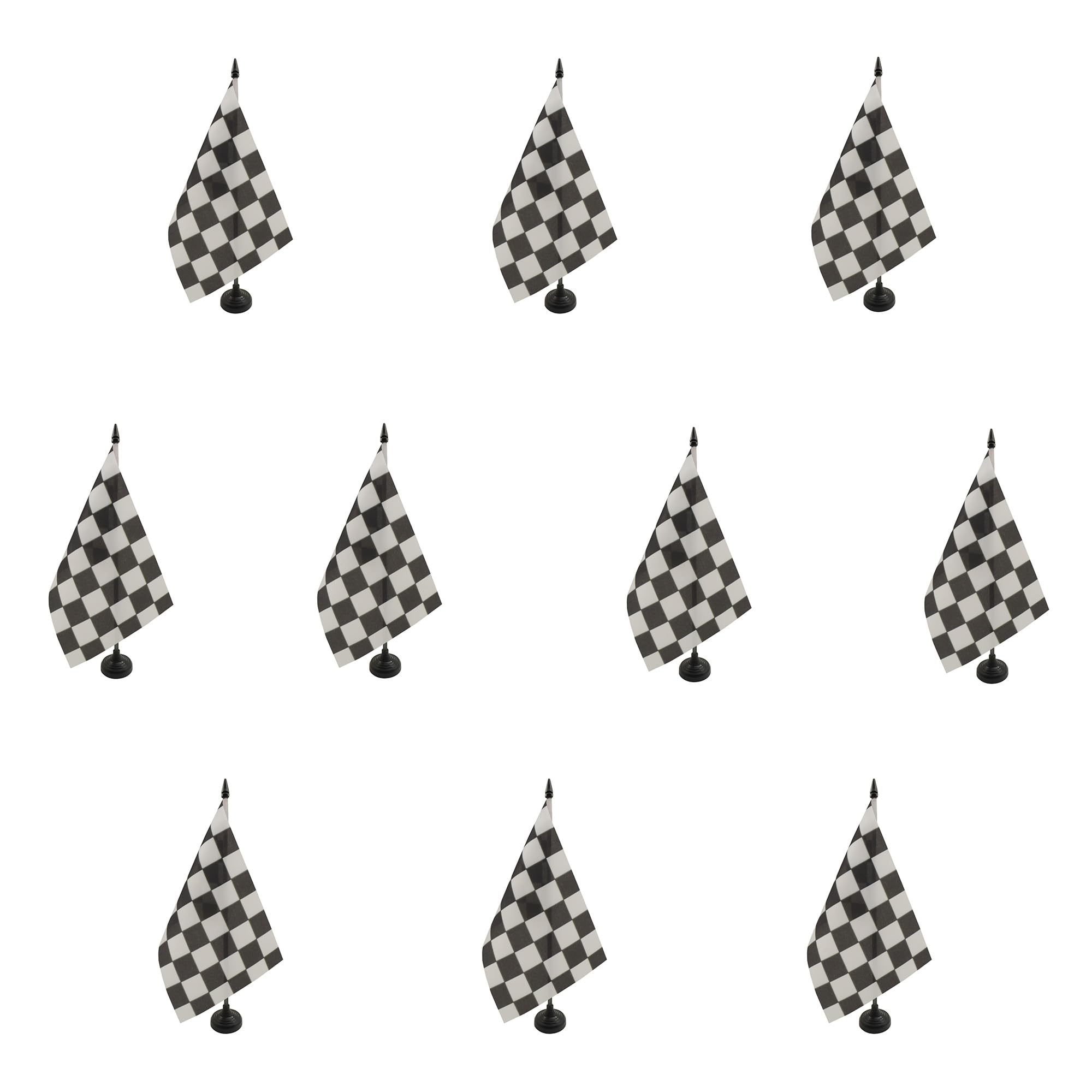 AZ FLAG Lot de 10 Drapeaux de Table Damier noir et blanc 21x14 cm | Usage intérieur Drapeau de bureau à damiers finition cousue et bords renforcés avec mât en plastique et socle en plastique