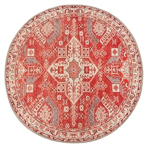 GLN Rugs Vintage Collection Machine Washable Area Rug Vintage Washable Rug Non Slip Area Rug Low Pile Living Room Rug Bedroom Rug Bathroom Rug Easy Clean 53 Round Red and Beige Rug
