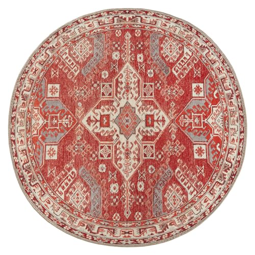 GLN-Rugs-Vintage-Collection-Machine-Washable-Area-Rug-Vintage-Washable-Rug-Non-Slip-Area-Rug-Low-Pile-Living-Room-Rug-Bedroom-Rug-Bathroom-Rug-Easy-Clean-53-Round-Red-and-Beige-Rug GLN Rugs Vintage Collection Machine Washable Area Rug Vintage Washable Rug Non Slip Area Rug Low Pile Living Room Rug Bedroom Rug Bathroom Rug Easy Clean 53 Round Red and Beige Rug