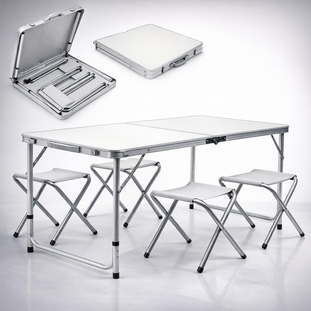 Foldable Picnic Table Multipurpose Aluminium Camping Table with 4 Oxford Chairs Height Adjustable Portable Lightweight Outdoor & Indoor Utility Table-image-10