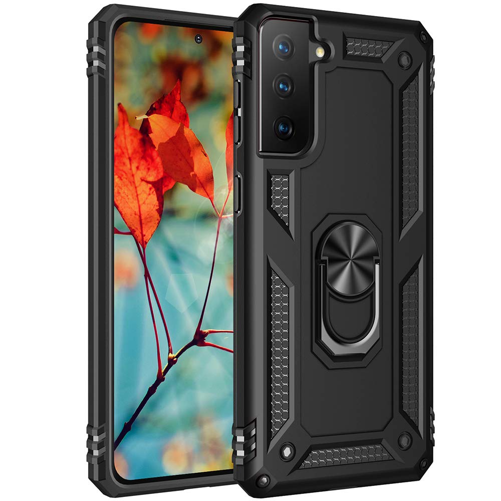 Dionsibei Military Grade Drop Impact for Samsung Galaxy S21 Plus Case 360 Metal Rotating Ring Kickstand Holder Armor Heavy Duty Shockproof Case for