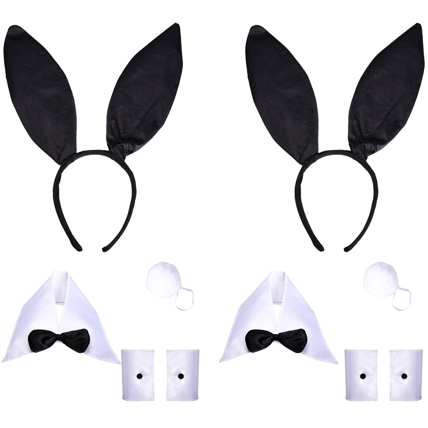 Lezevn 10 Pieces Bunny Costume Set Black Bunny Ears Cosplay Set Rabbit Ear Headband Bow Tie Cuffs Tail for Halloween Cosplay Party