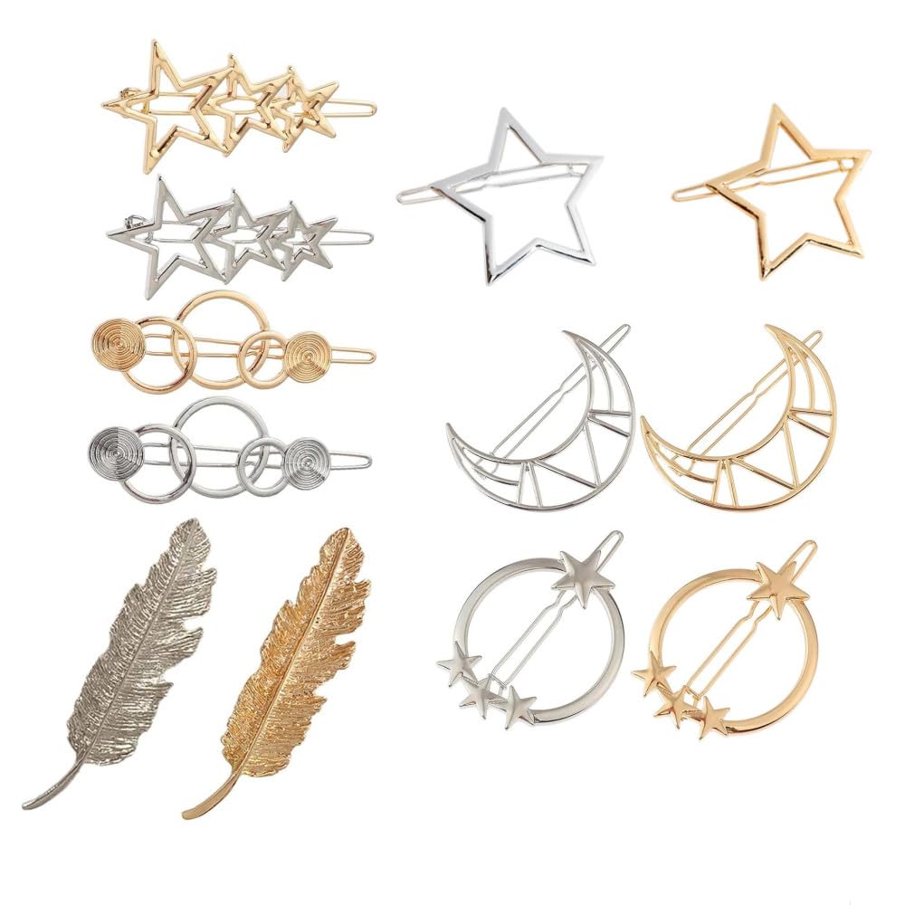 Changyeah Horquillas de metal, 12 pinzas de metal para el pelo, hebillas de horquilla, accesorios elegantes y de moda para el cabello para mujeres, plumas, estrellas, pinzas de pelo en forma etc.