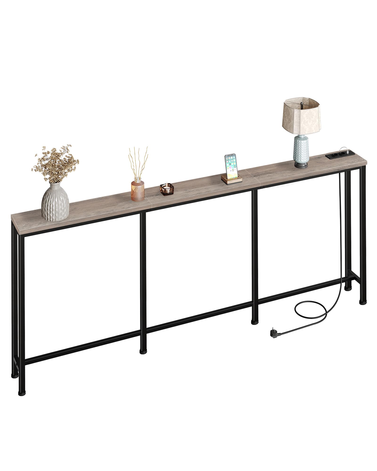 CHOEZON Tavolo Consolle, Consolle Ingresso da 200 cm con 2 Prese e 2 Porte USB, Tavolo da Divano Stretto, Stile Industriale, per Ingresso, Soggiorno, in Grigio e Nero DTXG20CBG