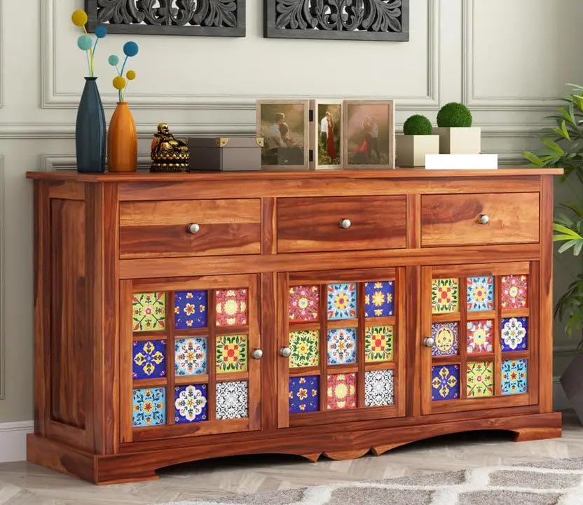 Image of Solid Sheesham Wood Sideboard Cabinet Storage with 3 Door & 3 Drawer Wooden Storage Organizer Cabinet for Home Kitchen Living Room Bedroom Hallway Dinning | Natural Honey Finish | Pre-Assembled