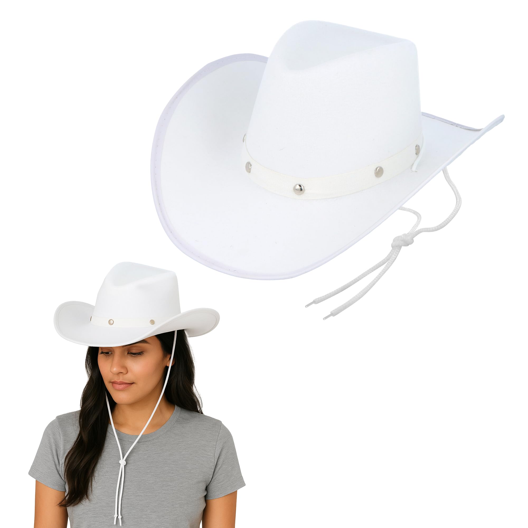 Navoys White Cowboy Hat with Silver Studs - Wide Brim, Unisex Cowboy For Festivals, Bachelorette Parties, Concerts, Hen Night, Wild West, Fancy Dress (White with Silver Studs)