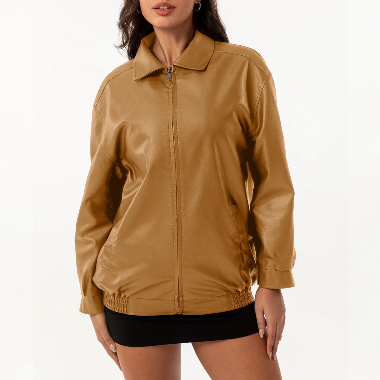 Jacke Damen Leather Jacket Woman Kunstlederjacke Slim Fit Bikerjacke Mit Taschen Langarm Lederjacke Übergangsjacke Alltag Bomberjacke Klassisch Streetwear