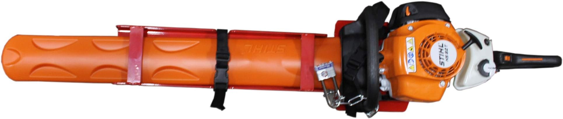 Jungle Jim's Jungle Sheath Lockable Rack for Hedge Trimmers & Chainsaws – Secures Both Tool & Sheath with Buckle Strap & Chain – Mounts to Open Trailer Rails, Floors, Enclosed Trailers & Garages