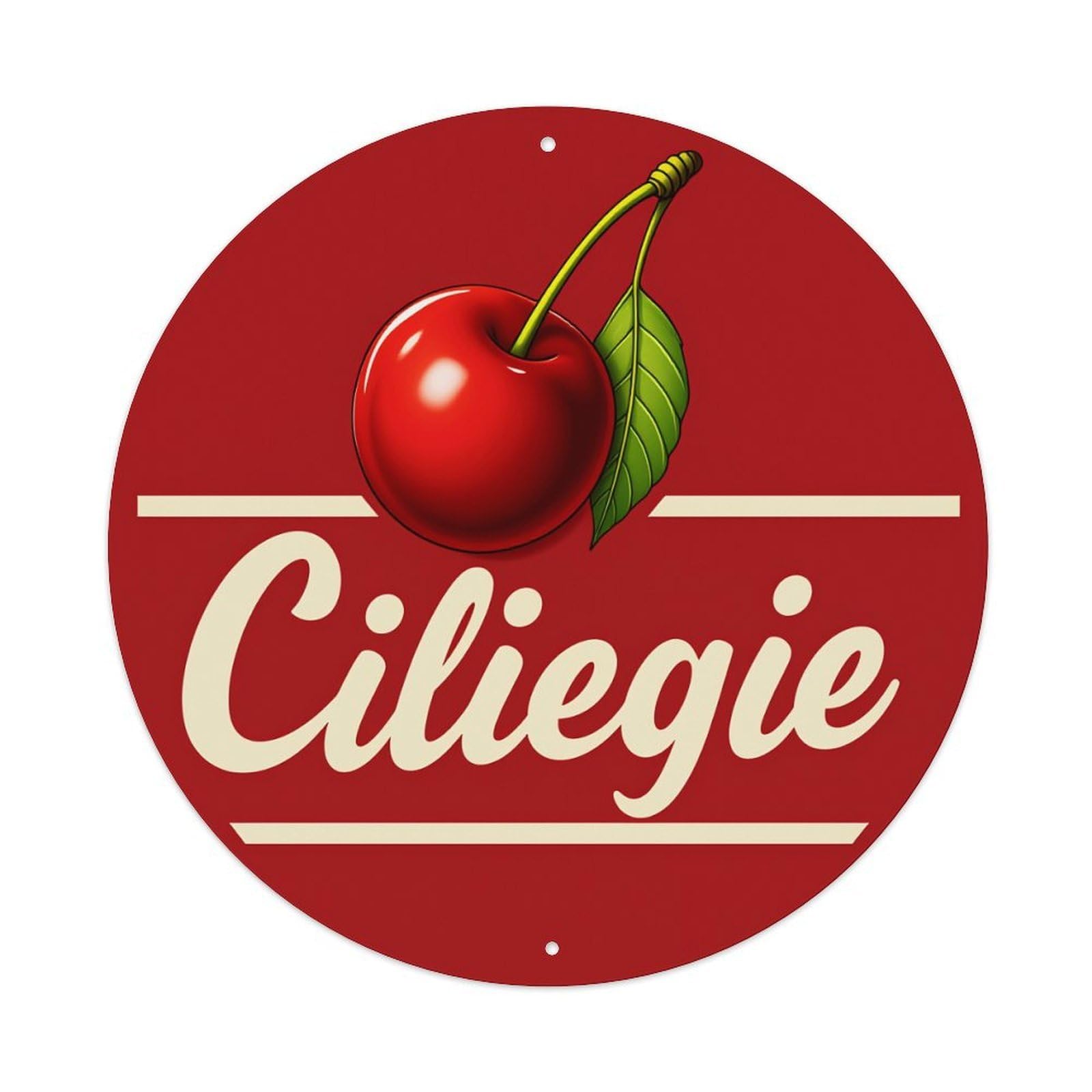 Cherry Leaf Stem Red Background Vintage Metal Tin Sign Retro Wall Decor for Home Bar Garage Cafe, Indoor & Outdoor Decorative，circle Metal Poster, 8x8 Inch