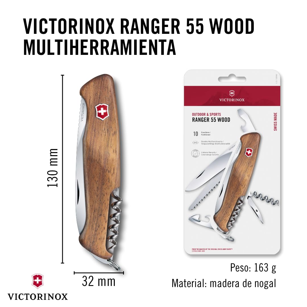 Victorinox Ranger 55 Wood, Navaja Multiuso Suiza, Cuchillo bolsillo, Regalo, 10 Funciones, Hoja grande, Abrelatas, Bloqueable