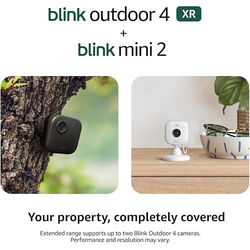 Blink Outdoor 4 XR + Mini 2 — Wireless and plug-in security cameras, motion detection, extended range. Sync Module XR included — 6 camera system + Mini 2 (White)