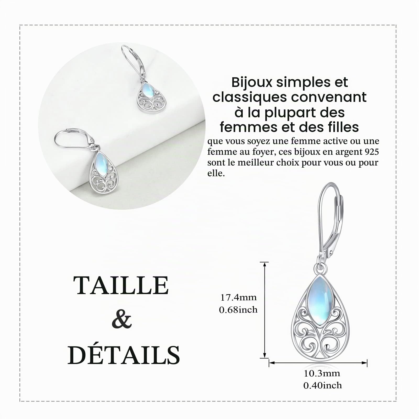 Boucles d'oreilles en pierre de lune filigrane en argent sterling larme celtique irlandaise