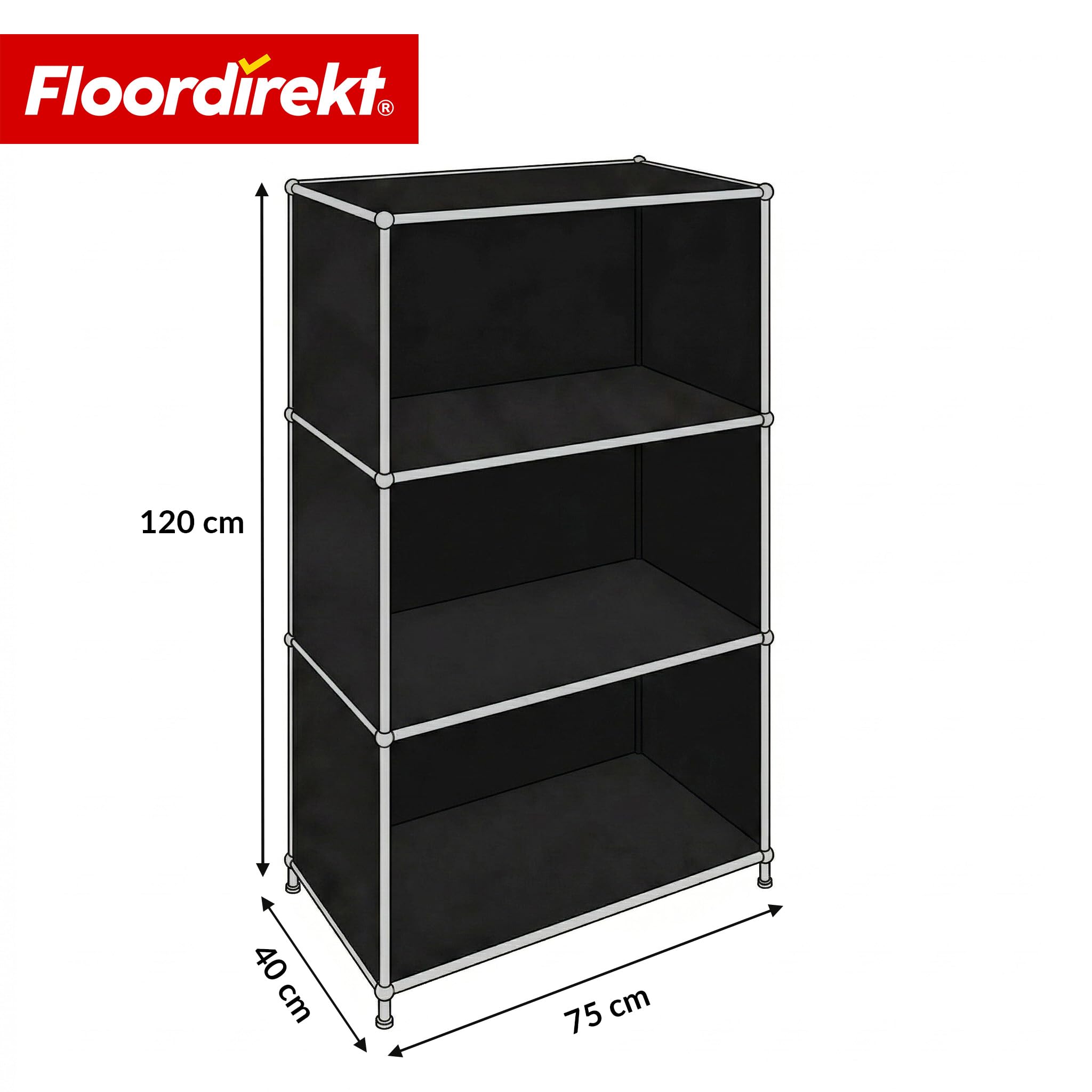 Floordirekt Regal Schwarz 75x40x120cm - 4 Ablagen - Metallregal mit Seitenwänden - Modernes Aufbewahrungsregal - Würfelregal - Concept Epure MK-101