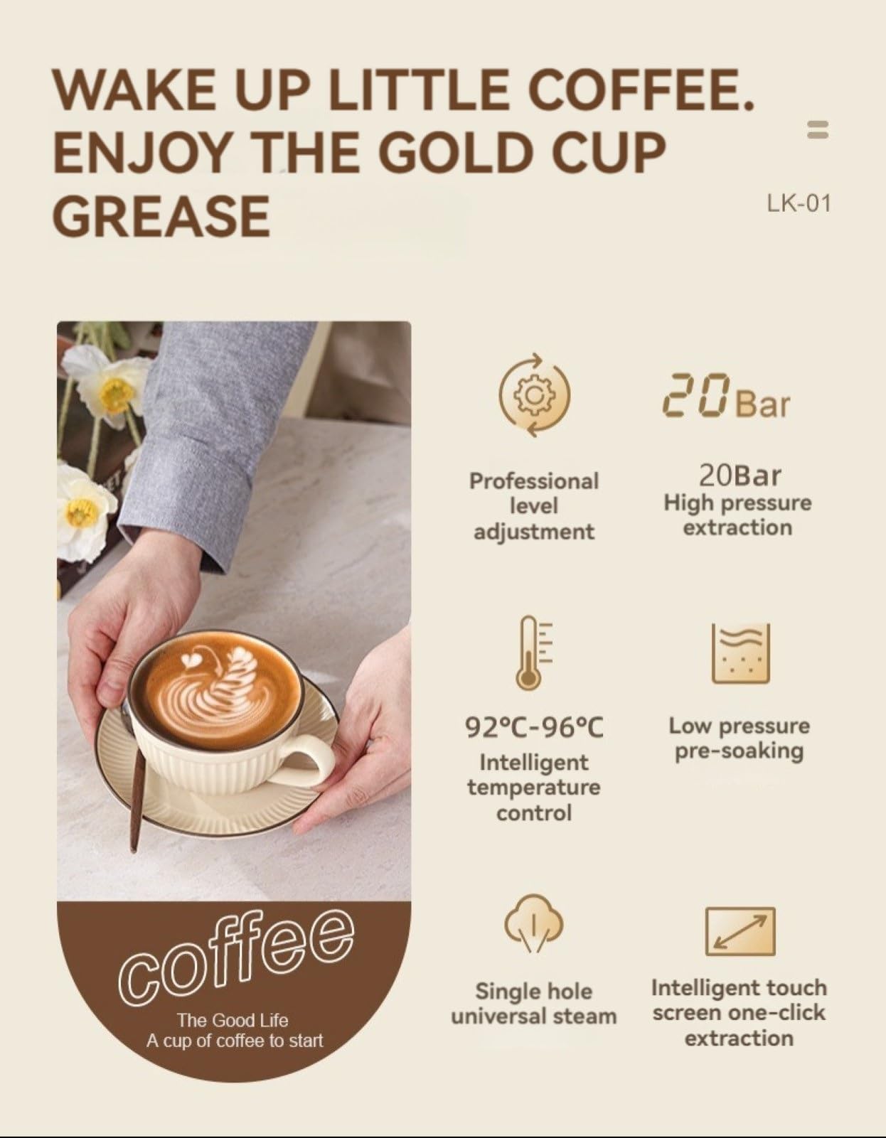 Cafetera Espresso Profesional, Cafetera Espresso De 20 Bares Con Vaporizador De Leche For Café Con Leche Y Capuchino, Cafetera De Acero Inoxidable Con Tanque De Agua De 1,8 L/60 Oz For El Hogar