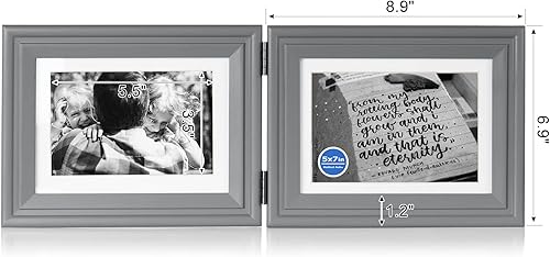 Miniatura 2 de Marco de fotos plegable de madera con bisagras horizontales de 5 x 7 pulgadas con frente de cristal real en gris para mesa, pantalla de 4 x 6 con