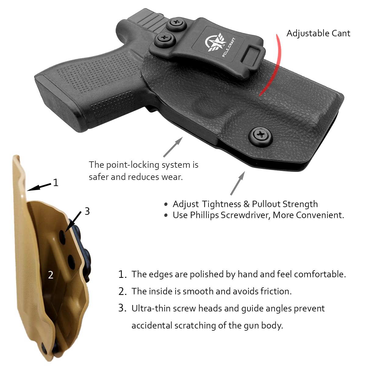 POLE.CRAFT IWB Kydex Holster Custom Fits: Glock 43 / Glock 43X - Inside Waistband Carry Holster - Adj. Cant Retention - Cover Mag-Button - No Wear - No Jitter