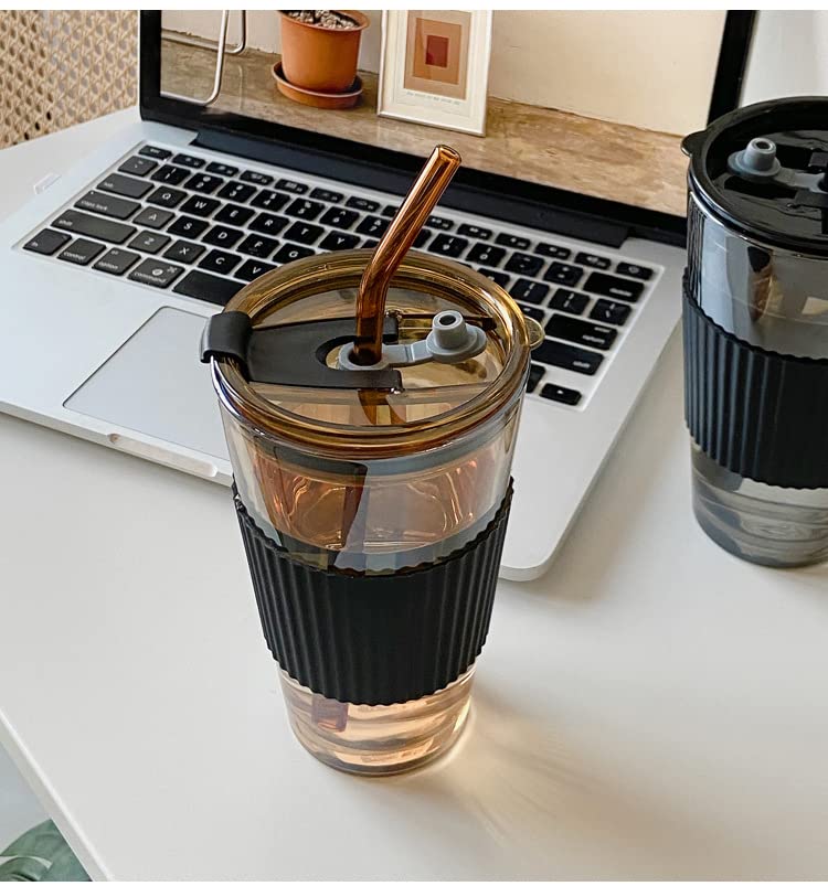 RYUHYF Straw cup, coffee cup, glass with straw and lid, double drink cup, milk cup, tea cup, ice coffee cup, car cup,set of 1 (16oz, Amber cup with black silicone rubber ring)