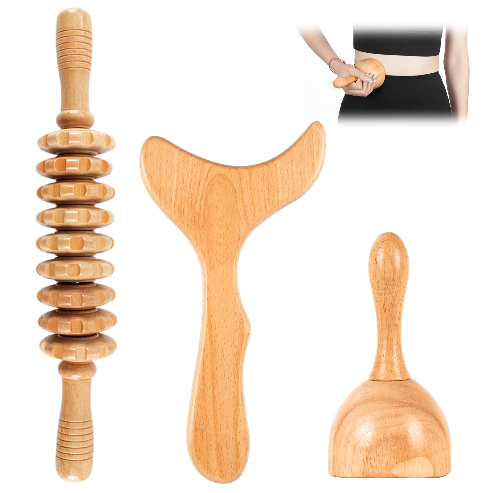 KintKita Strumenti per massaggi 3 in 1, kit per massaggi per drenaggio linfatico in legno, kit professionale per massaggio anticellulite, per scolpire il corpo, contouring, sollievo muscolare