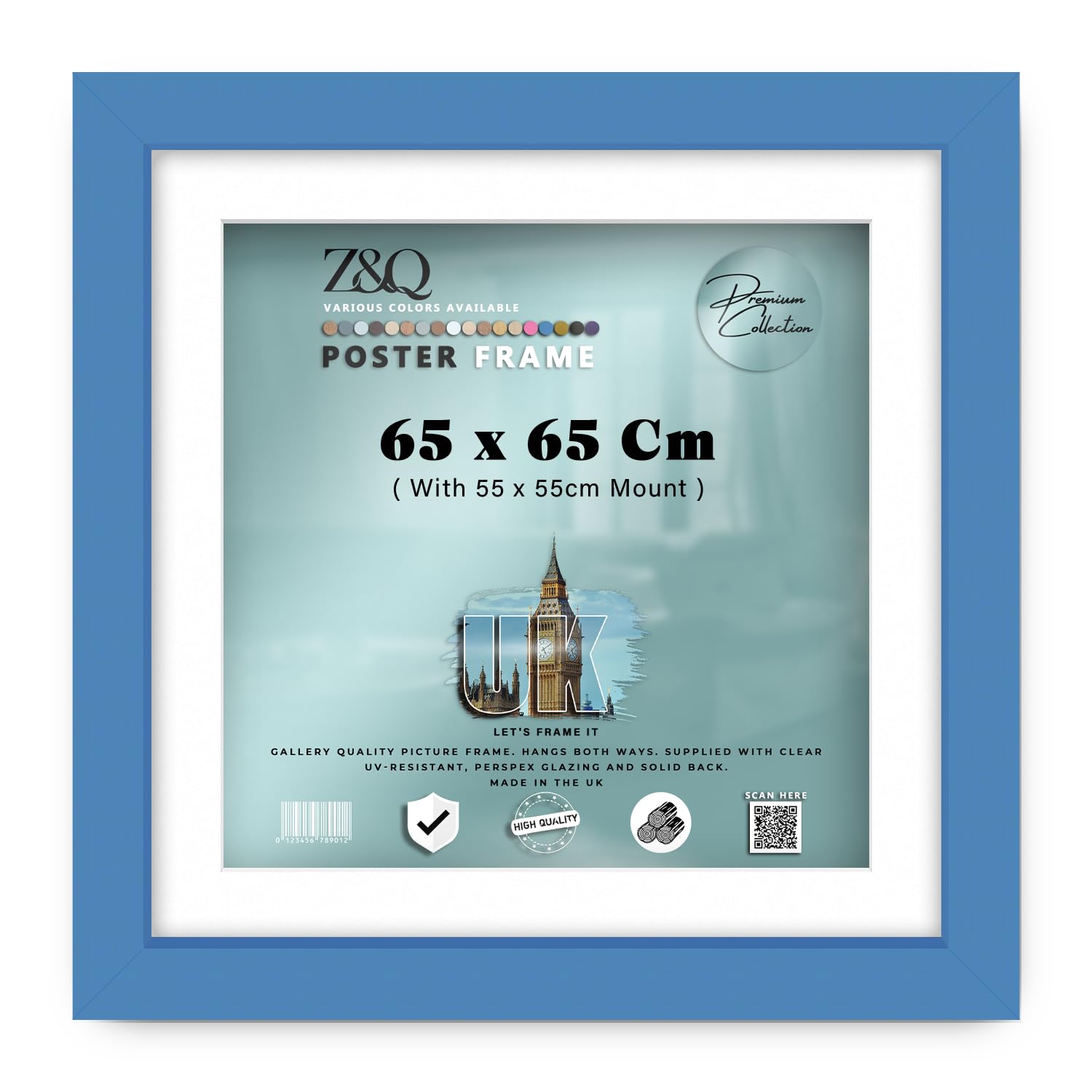 Z&Q - Flat Durable MDF Wood (65 x 65 Cm) Poster Frame with 55 x 55 Cm White Mount Stylish Wall Décor 26 x 26 Inch for Home Décor, Art, and Wall Gallery [ Blue ]