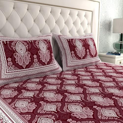 Image of La Verne 140 TC 100% Cotton King Size Jaipuri Rajasthani Print Bedsheet with 2 Pillow Covers (Maroon)