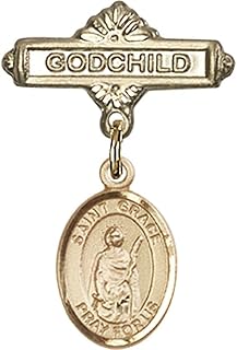Gold Filled Baby Badge with St. Grace Charm and Godchild Badge Pin 1 X 5/8 inches