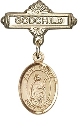 14kt Yellow Gold Baby Badge with St. Grace Charm and Godchild Badge Pin 1 X 5/8 inches