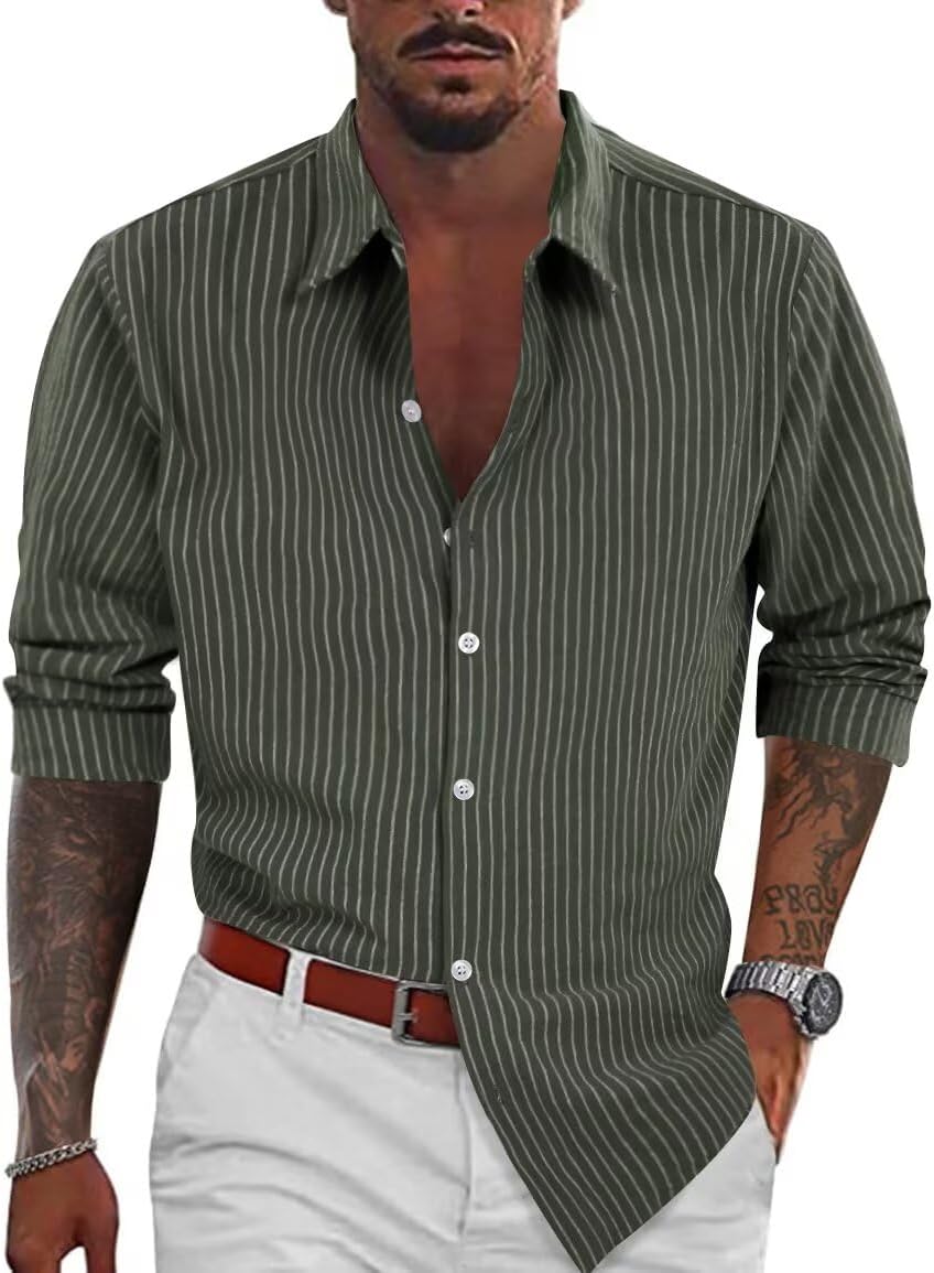BAYAMO Men's Button-Down Striped Shirts Casual Long Sleeve Cotton Linen Collared Shirts Fashion Business Dress Shirt - Image 2