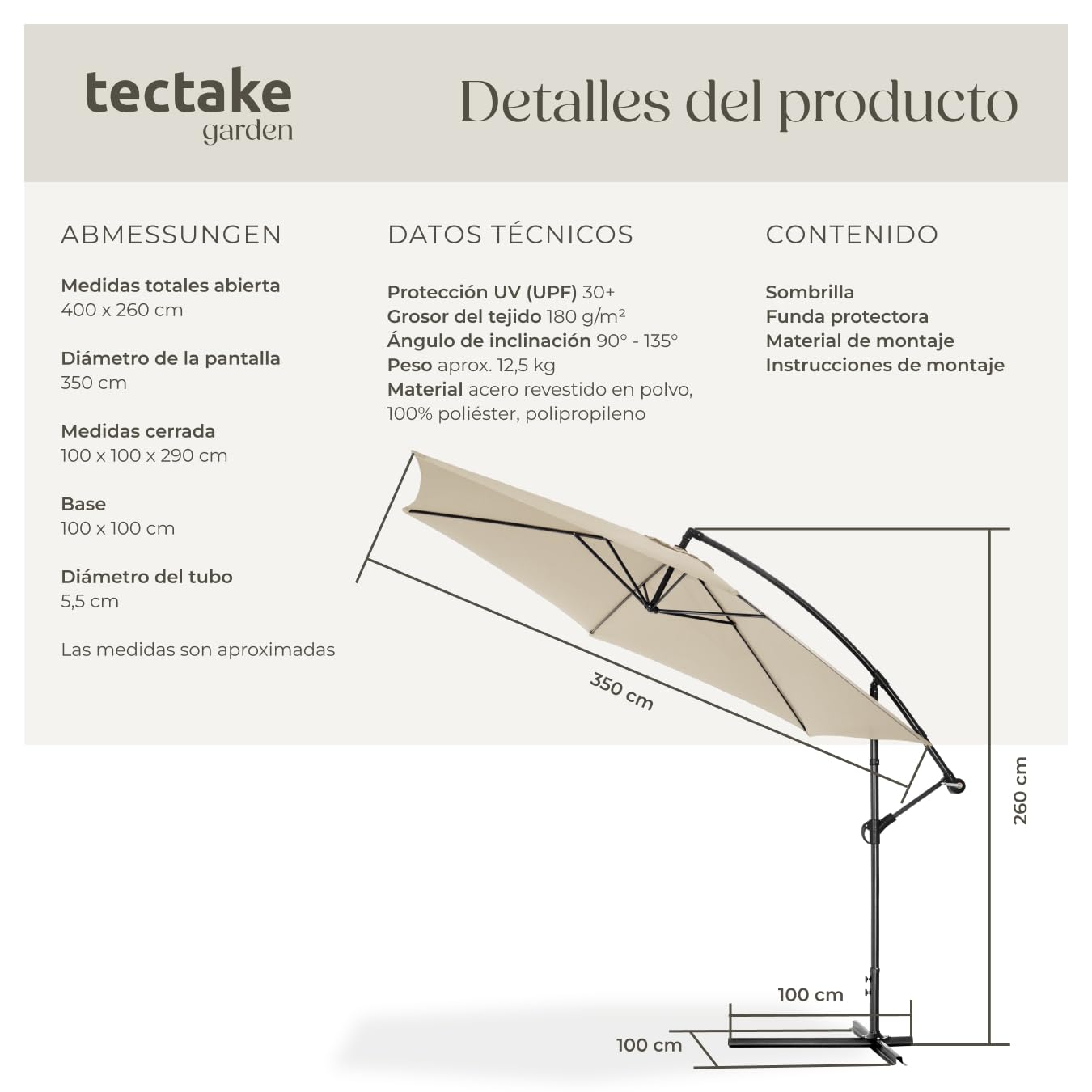 TecTake® Sombrilla, Protección UV, Inclinación Ajustable, Parasol Jardin, Sombrilla Terraza Exterior, Funda Protectora, Ventilación Superior - 3,5m