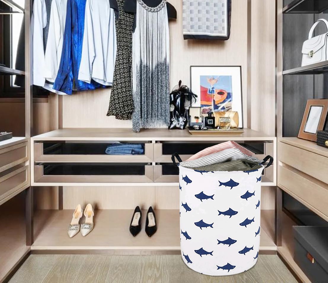 Runder Wäschekorb mit Haifisch-Muster, Aufbewahrungskorb, Stoffmaterial, Aufbewahrungskorb, Aufbewahrungskorb, Geschenkbox, mit Griffen für Zimmer