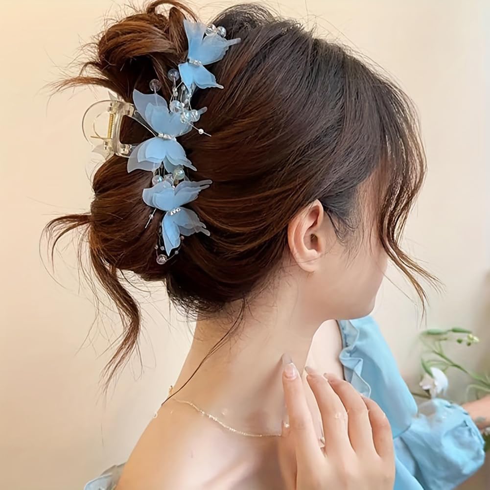 Jaczora 2PCS Butterfly Hair Claw Clips for Thick Hair Non Slip, Pearl Jewel Design, Large, Cute, Elegant Hair Clip for Women Girls - Image 3