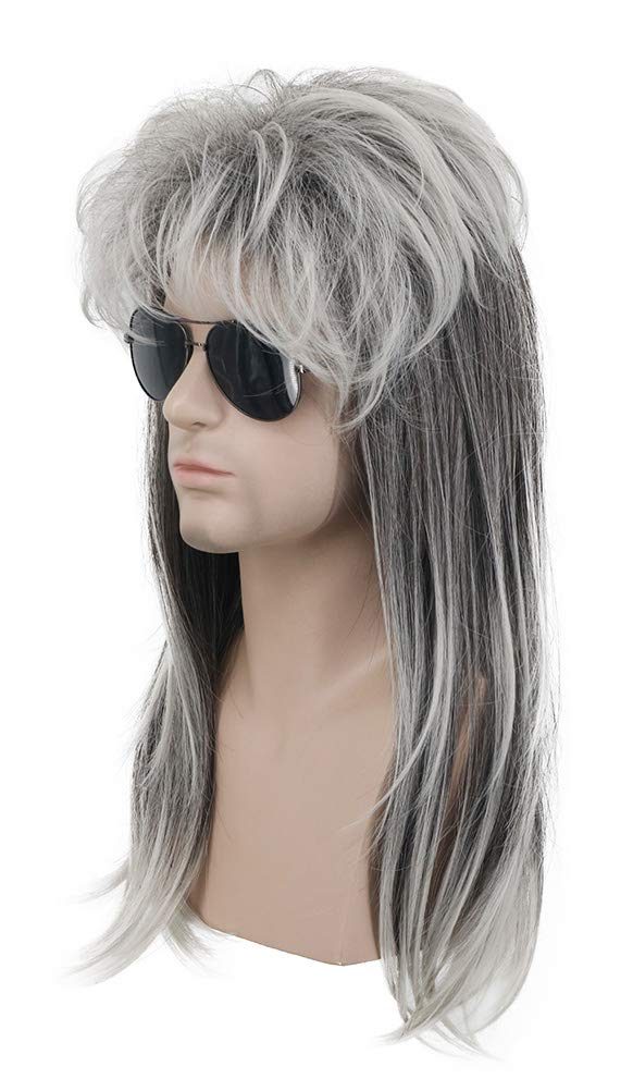 Karlery Men Mullet Long Wave Grey and White Wig 70s 80s Metal Rocker Party Halloween Costume Wig - Image 2
