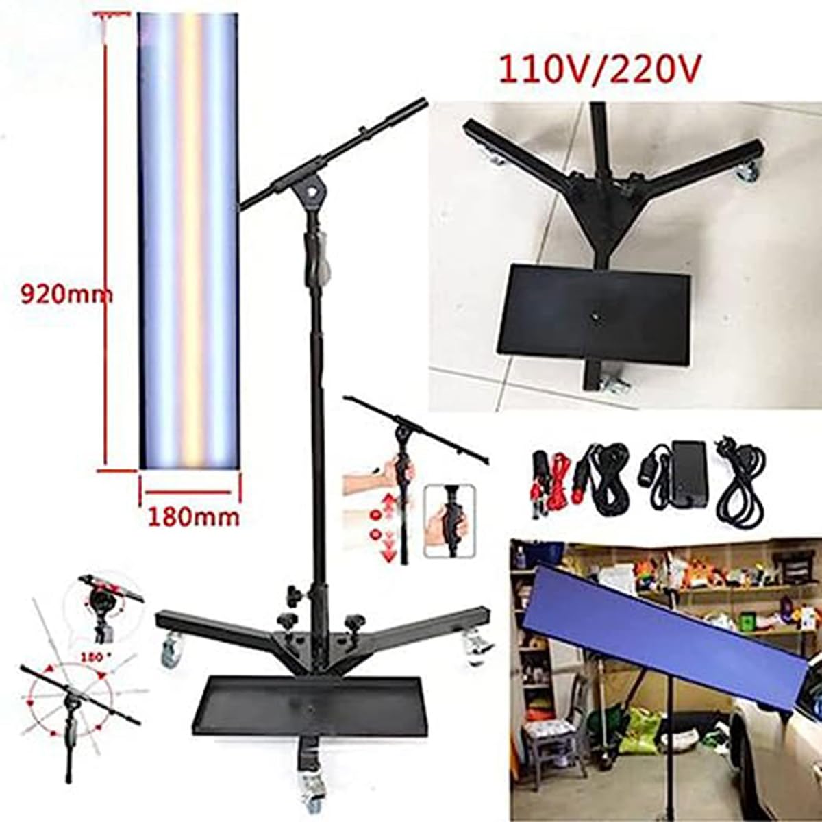 con 3 Ruote mobili, Strumento di Illuminazione per ammaccature Auto, Sistema di Illuminazione Regolabile, Senza Bordo Riflettente per Vernice, Luce di rilevamento a LED