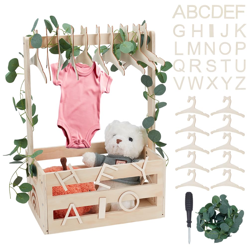 UNICRAFTALE Wooden Babys Shower Crate Closet Baby Storage Crate Hamper Shower Party Basket with Handle with 10pcs Kid's Hanger Welcome Baby Gifts Pregnancy Gifts for New Parents