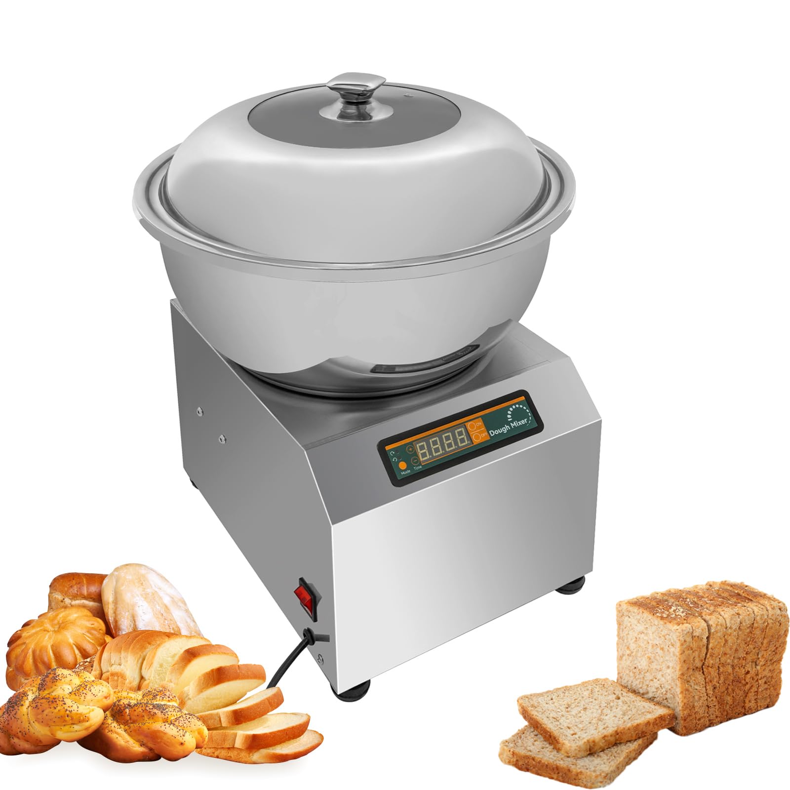 Commercial Dough Mixer 18LBS, 1100W Dual Rotating Dough Kneading Machine with Food-grade Stainless Steel Bowl, Lid& Timer, Electric Spiral Mixer for Restaurant Bakery Pizzeria