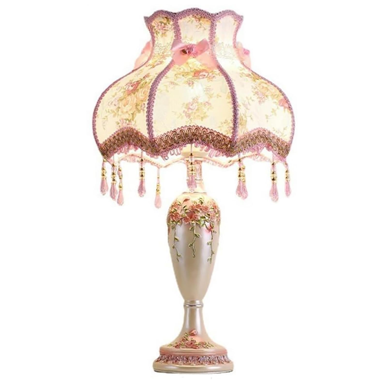Kaixunl Pink Antique Victorian Lamp With Fringe & Lace,,Vintage Fabric Table Lamp With Shade,European Pastoral Nightstand Vase Shape Table Light For Bedroom Living Room