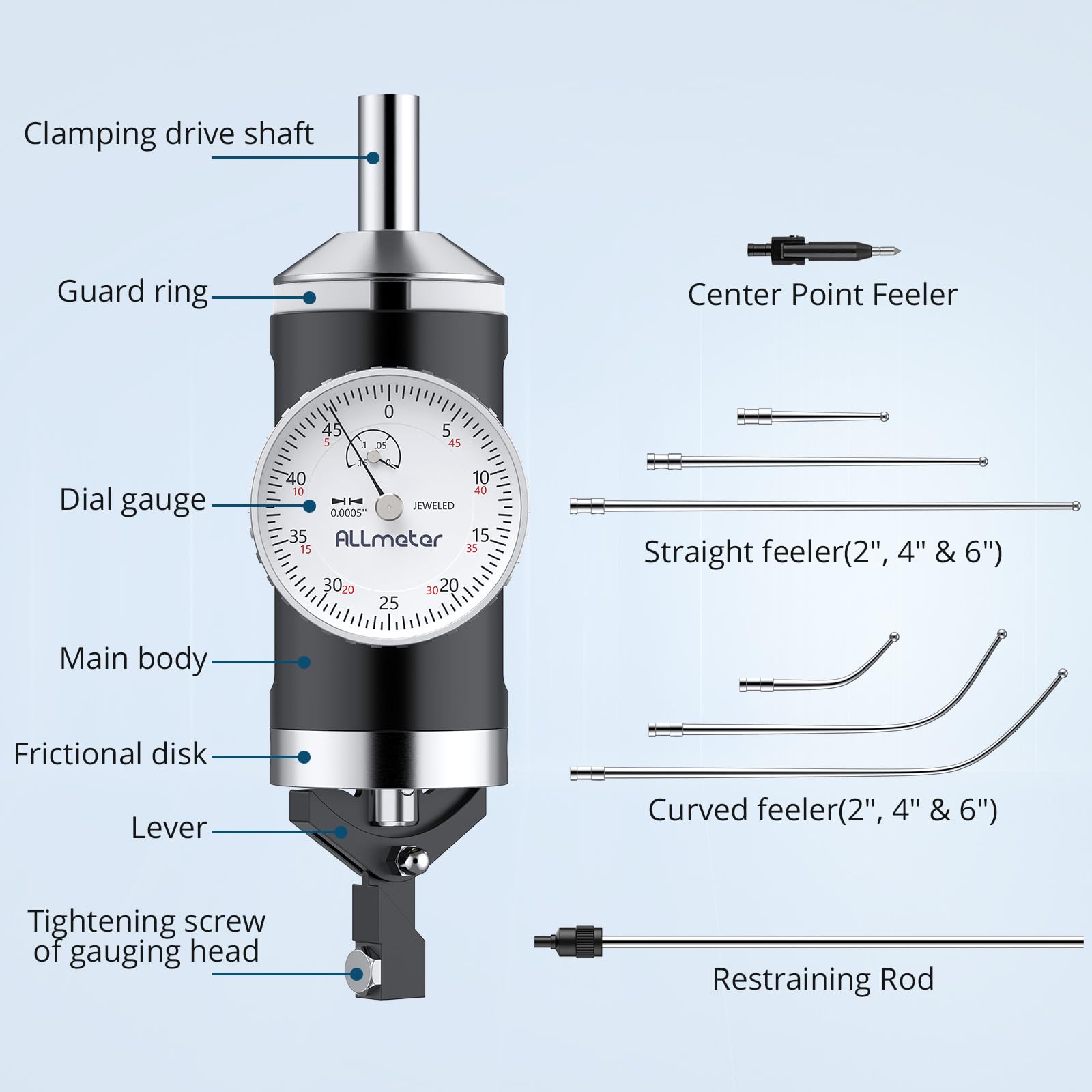 Indicador de prueba con esfera de centrado coaxial, rango de 0 a 0,4 cm con resolución de 0 cm, indicador coaxial para fresadoras y escariadoras, varilla de montaje de sujeción de 0,95 cm