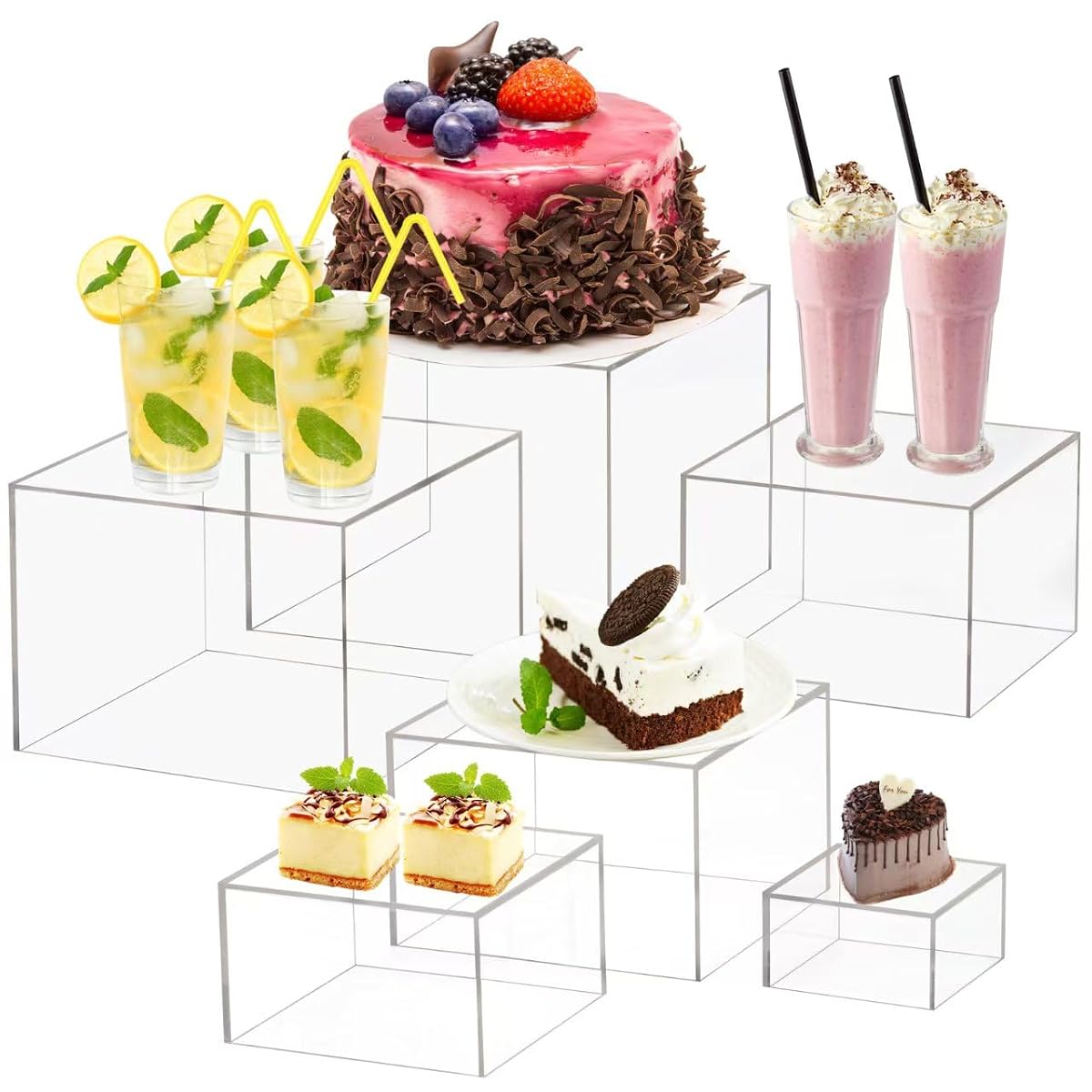6 Pcs Buffet Risers and Stands, Acrylic Display Box(8" 7" 6" 5" 4" 3")