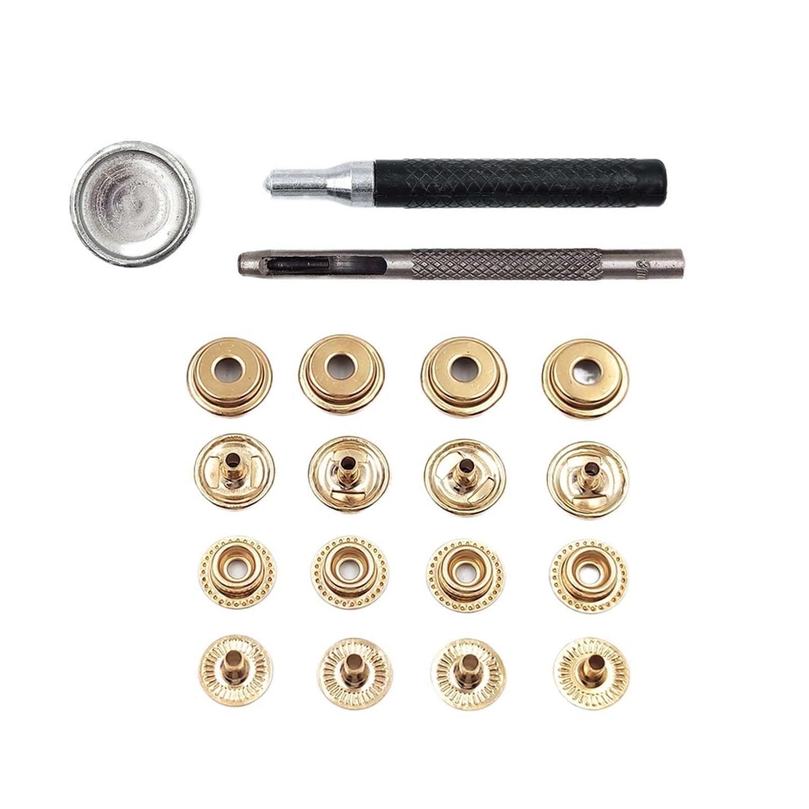 Juego de 25 Botones de presión 201/203, broches de presión de Metal, Herramientas de instalación Opcionales for Ropa, Bolsa, Zapatos, artesanía de Cuero(Gold with Tool B,17mm(201))