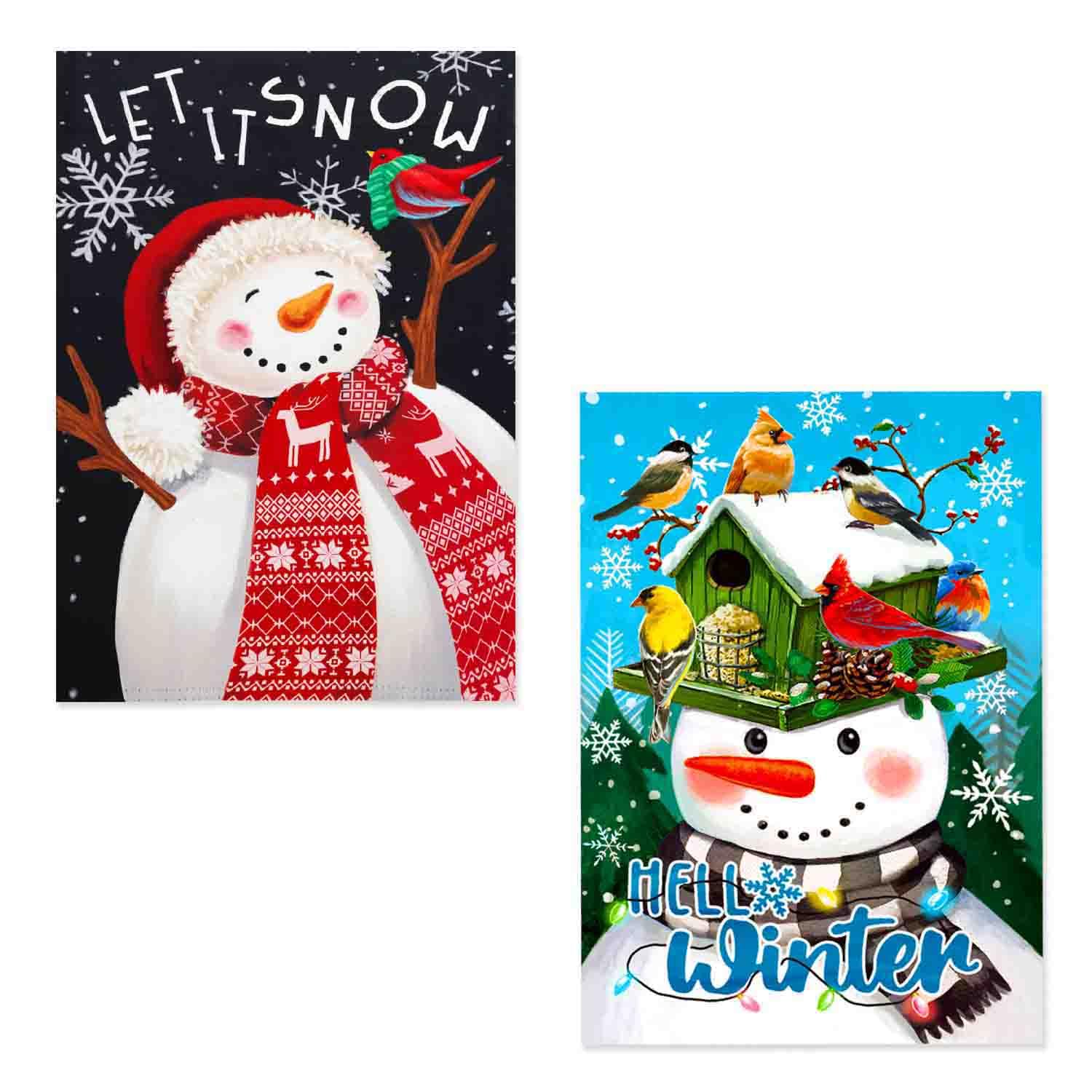 2 pieces Flag 12x18 Double Sided Vertical, Small snowman Welcome Garden Yard House Flags Outdoor House snowflake winter