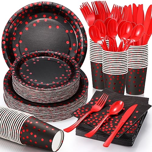 560 Pcs Black and Red Party Supplies for 80 Guests Disposable Dinnerware Set Black and Red Paper Plates Napkins Cups Red Plastic Forks Knives Spoons for Birthday Wedding Christmas 560 Pcs Black and Red Party Supplies for 80 Guests Disposable Dinnerware Set Black and Red Paper Plates Napkins Cups Red Plastic Forks Knives Spoons for Birthday Wedding Christmas