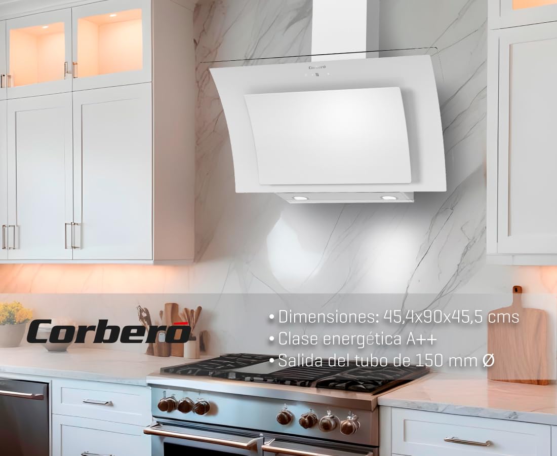 Corberó – Campana Decorativa `[NYASA9000W] 90 cm | Caudal 831 m3/h| 3 Velocidades | Control Touch | Filtro Aluminio 3 Capas + Filtro Carbón | E.Energética A++ | Cristal Blanco