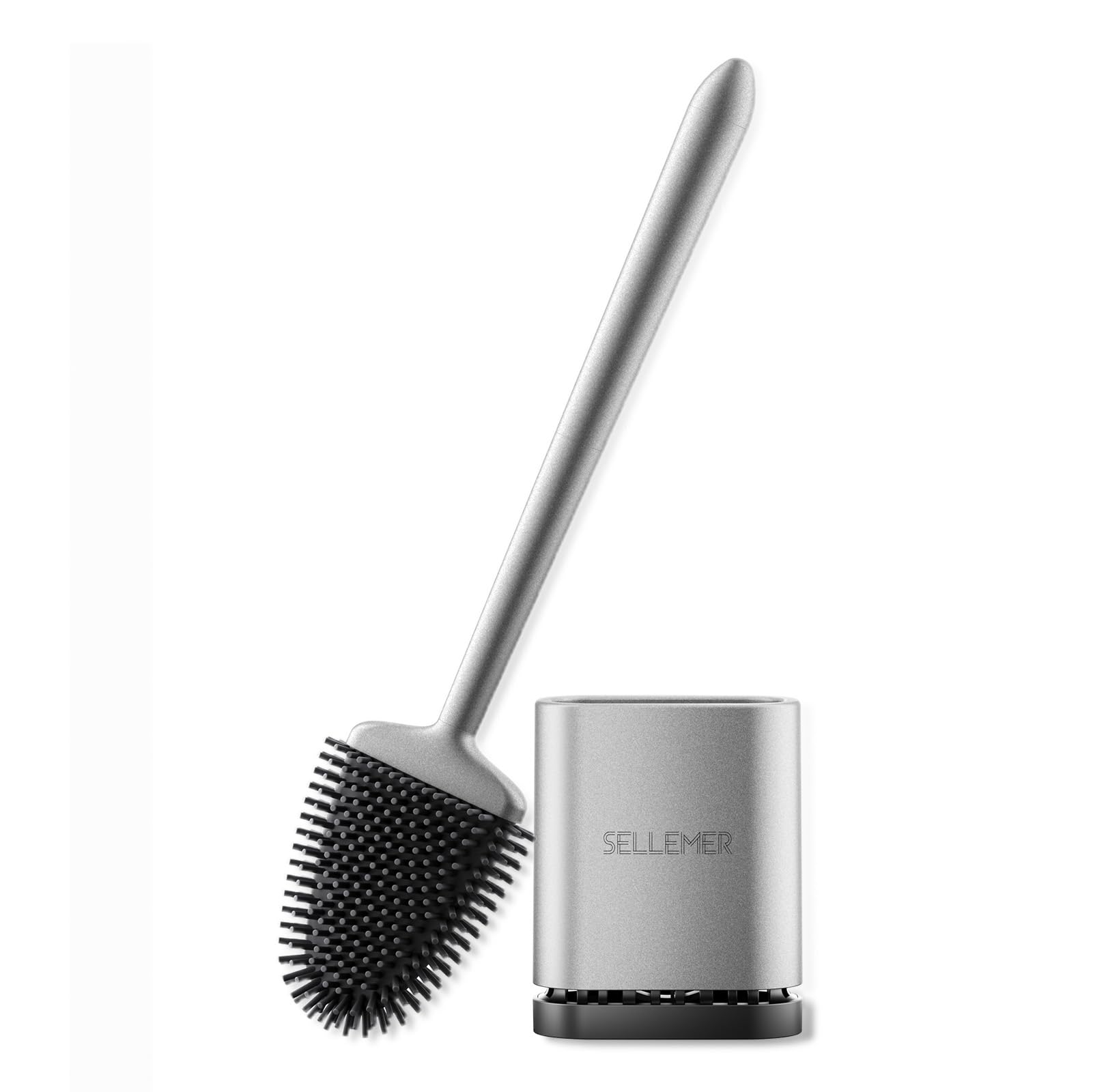 Sellemer Scopino WC Silicone, Scopino Bagno Montaggio a Parete/in Piedi, Spazzola per WC con Supporto Traspirante ad Asciugatura Rapida, Scovolino Flessibile per Bagno(Argenteo)