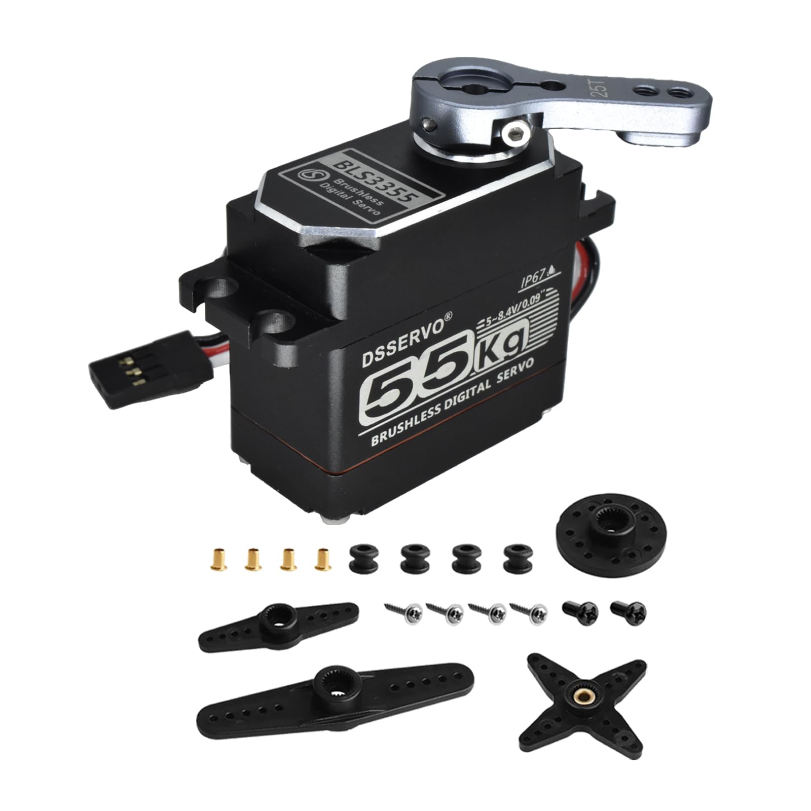 BLS3355 Servo numérique sans balais étanche IP67 55 kg avec bras servo 25T 5-8,4 V, pour voiture télécommandée 1/8ème 1/10ème RC sur chenille, camion tout-terrain, buggy robot (coque