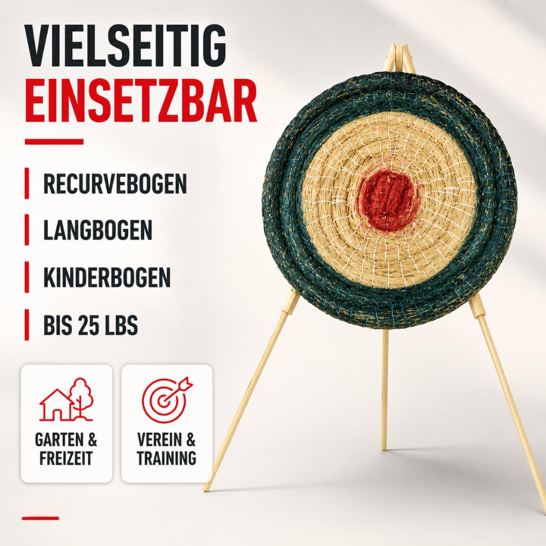 Stronghold Set Zielscheibe 65cm inkl. Ständer Strohzielscheibe | Bogenschießen für Erwachsene & Kinder Stroh Ziel für Pfeil und Bogen Armbrust Wurfmesser