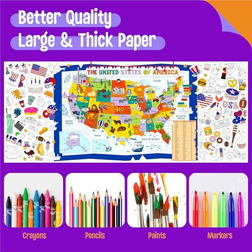 Image of American Coloring Poster, Large Coloring Activity Paper 75 inch x 31 inch Jumbo Size US Map-themed Paper DIY Painting Drawing Banner /Tablecloth for School, Wall Decor (75 inch x 31 inch)