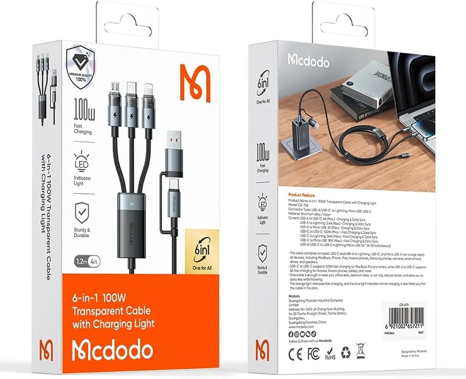 Mcdodo CA-7260 6'sı 1 Arada 100W Şeffaf Çoklu Kablo