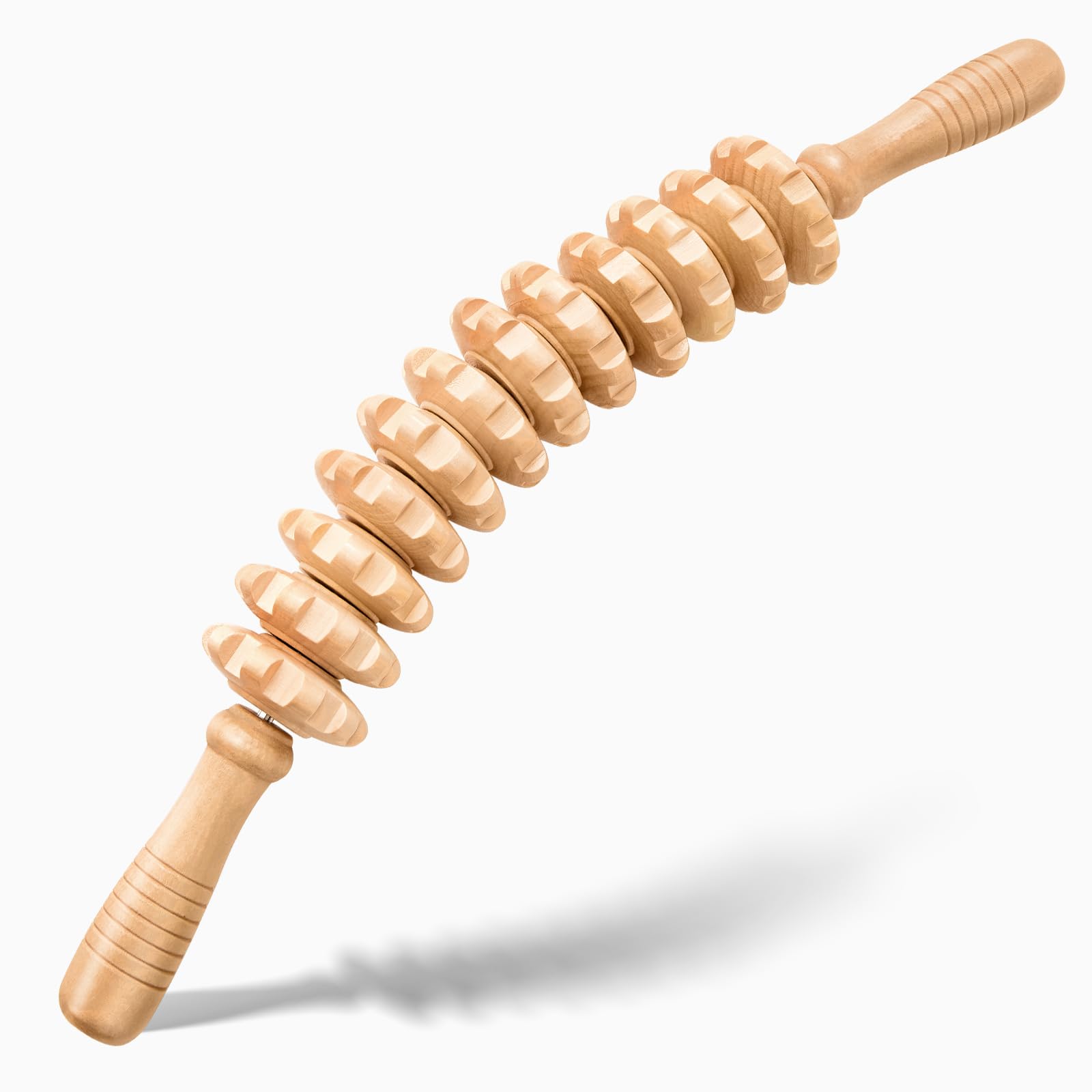 Wooden Cellulite Massage Roller for Legs and Thighs - Handheld Fascia Blaster Tool for Muscle Relief, Lymphatic Drainage &amp; Body Sculpting - Anti Cellulite Massager for Women and Men - 12 Wheel