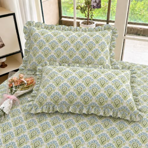 Image of VOMZER Queen Size (60x78) 300 TC Soft Cotton Feel Microfiber All Around Elastic Fitted Double Bedsheet with 2 Frill Pillow Covers | Aqua Mint