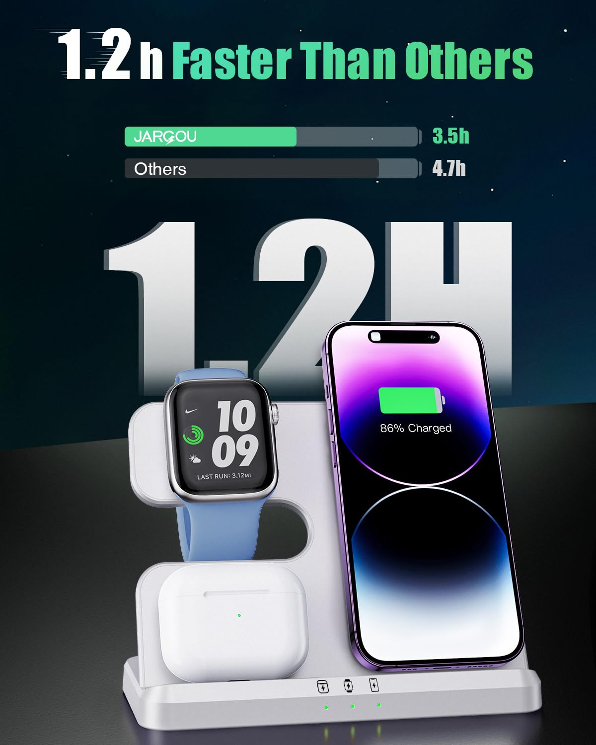 JARGOU Caricatore Wireless 3 in 1 Compatibile con iPhone 15 14 13 12 11 Pro Max/Mini/XR/8, Stazione di Ricarica Wireless per Apple Watch 9/Ultra 2/SE/8/7/6/5/4/3, Wireless Charger per AirPods Pro/3/2