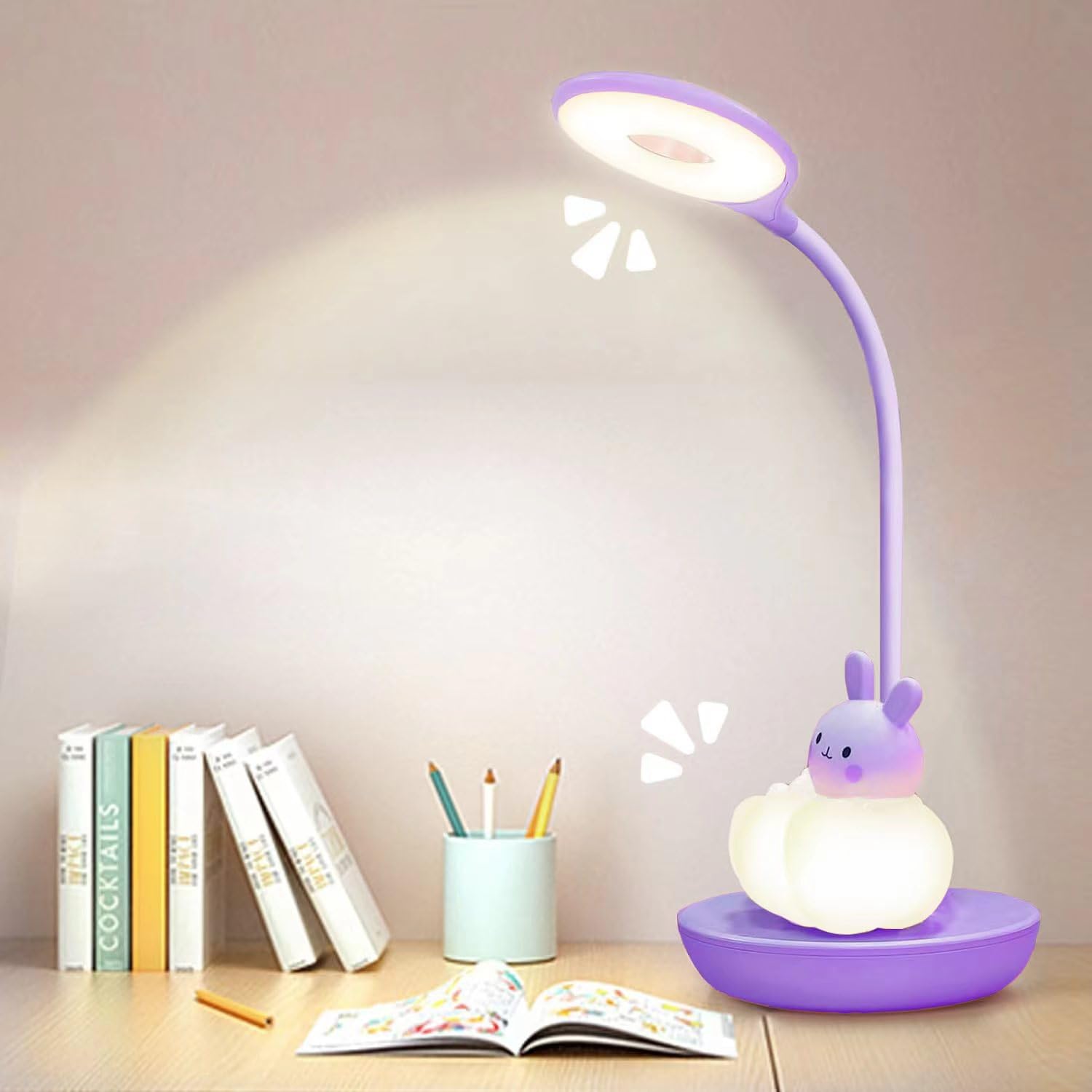 FemKey Lámpara de Escritorio Niña, Lámpara de Mesa 3 Modos de Luz Con 5 Brillos, Lámpara de Lectura Kawaii Táctil, LED Luz Lectura para Niños Conejo Violeto, Ideal para Niños